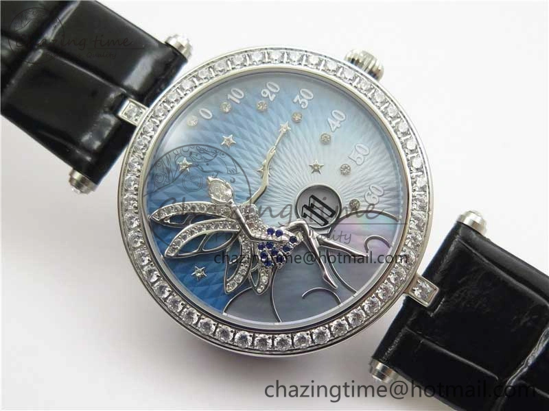 Lady Féerie Full Diamonds Case 5GF Best Edition Blue Dial on Leather Strap Quartz Affordable 10013