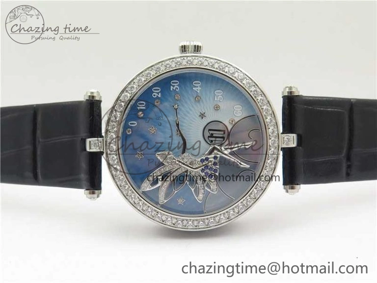 Lady Féerie Full Diamonds Case 5GF Best Edition Blue Dial on Leather Strap Quartz Affordable 10013