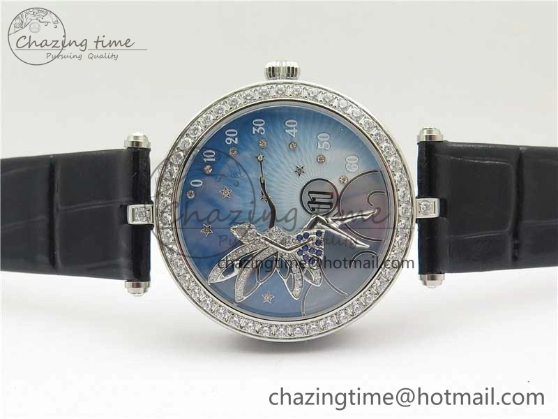 Lady Féerie Full Diamonds Case 5GF Best Edition Blue Dial on Leather Strap Quartz Affordable 10013