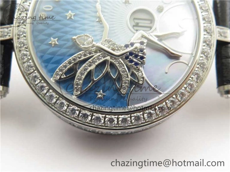 Lady Féerie Full Diamonds Case 5GF Best Edition Blue Dial on Leather Strap Quartz Affordable 10013