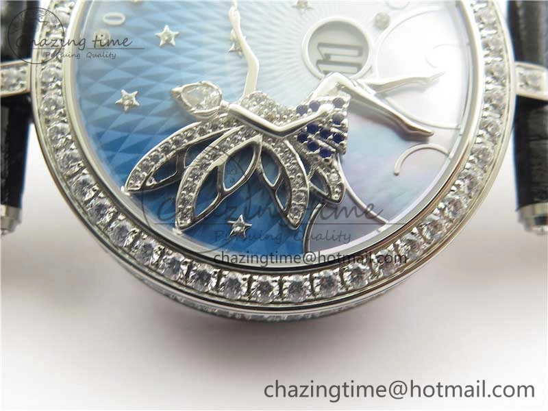 Lady Féerie Full Diamonds Case 5GF Best Edition Blue Dial on Leather Strap Quartz Affordable 10013