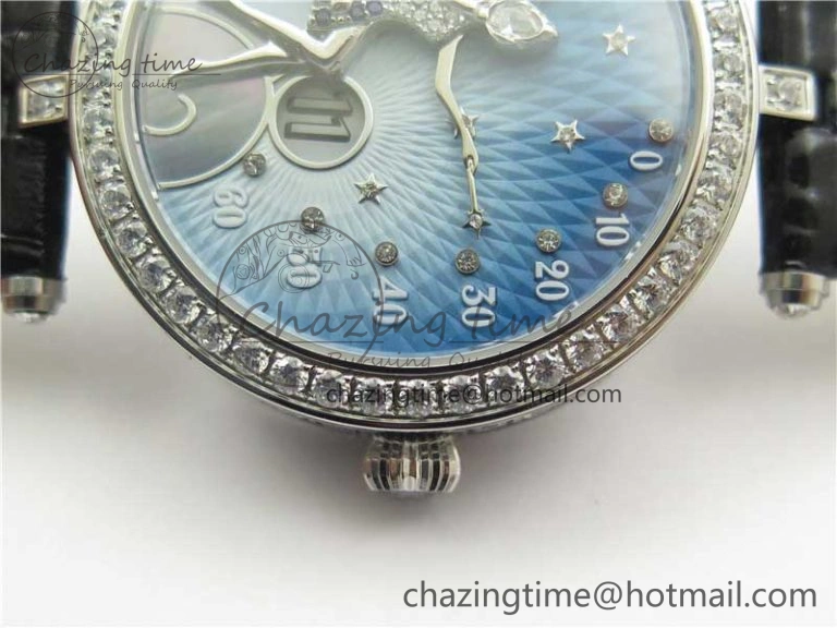 Lady Féerie Full Diamonds Case 5GF Best Edition Blue Dial on Leather Strap Quartz Affordable 10013