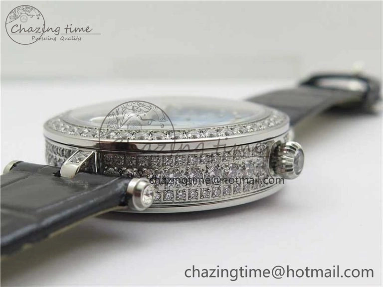 Lady Féerie Full Diamonds Case 5GF Best Edition Blue Dial on Leather Strap Quartz Affordable 10013