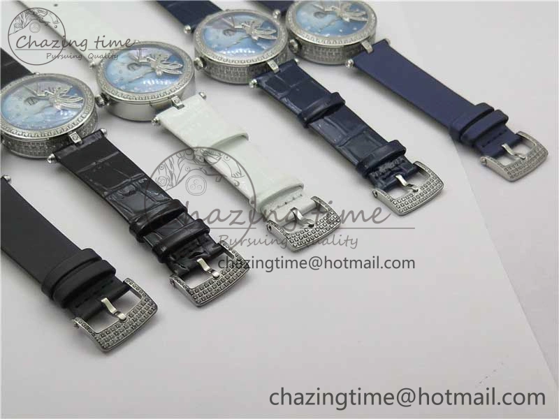 Lady Féerie Full Diamonds Case 5GF Best Edition Blue Dial on Leather Strap Quartz Affordable 10013