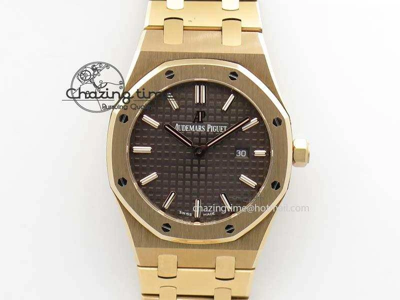 WeatherProof Lady Royal Oak 33mm 15000 RG JF 1:1 Best Edition Brown Textured Dial On RG Bracelet Ronda Quartz 5038