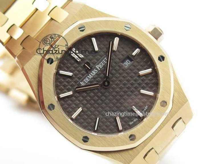 WeatherProof Lady Royal Oak 33mm 15000 RG JF 1:1 Best Edition Brown Textured Dial On RG Bracelet Ronda Quartz 5038