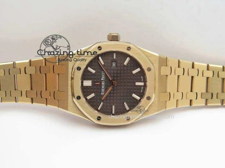 WeatherProof Lady Royal Oak 33mm 15000 RG JF 1:1 Best Edition Brown Textured Dial On RG Bracelet Ronda Quartz 5038