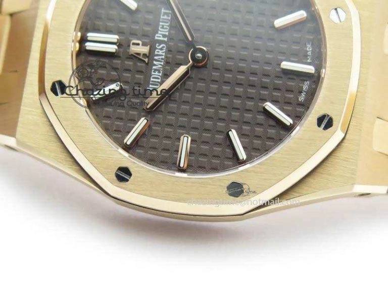 WeatherProof Lady Royal Oak 33mm 15000 RG JF 1:1 Best Edition Brown Textured Dial On RG Bracelet Ronda Quartz 5038