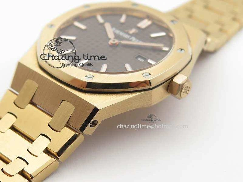 WeatherProof Lady Royal Oak 33mm 15000 RG JF 1:1 Best Edition Brown Textured Dial On RG Bracelet Ronda Quartz 5038