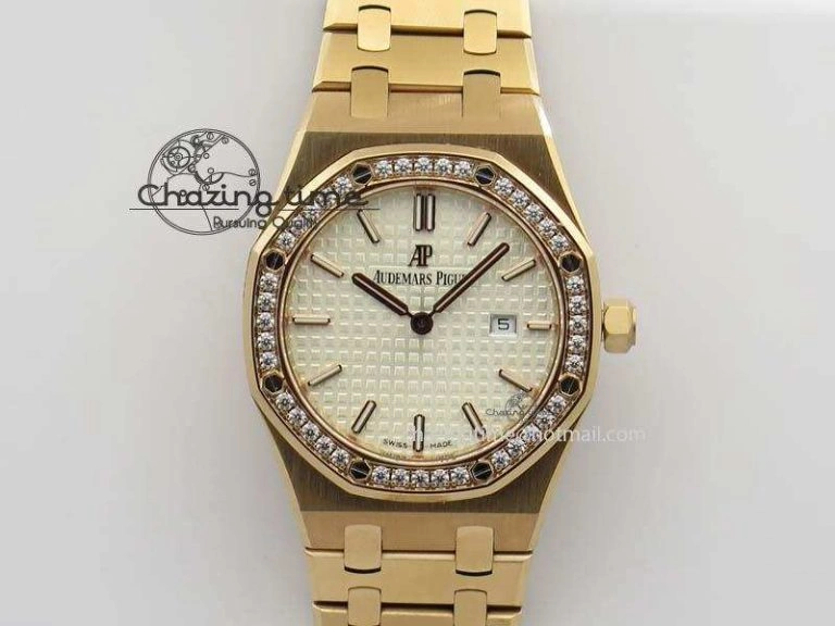Lady Royal Oak 33mm 15000 RG JF 1:1 Best Edition White Dial Diamond Bezel On RG Bracelet Ronda Quartz Sustainable 10759