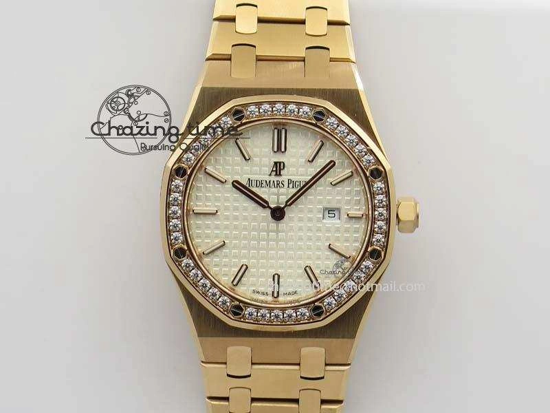 Lady Royal Oak 33mm 15000 RG JF 1:1 Best Edition White Dial Diamond Bezel On RG Bracelet Ronda Quartz Seasonal 5034