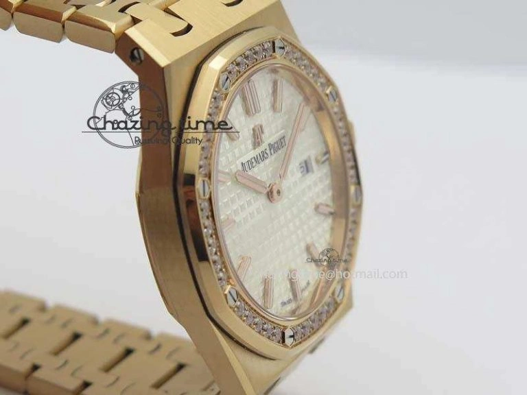 Lady Royal Oak 33mm 15000 RG JF 1:1 Best Edition White Dial Diamond Bezel On RG Bracelet Ronda Quartz Seasonal 5034