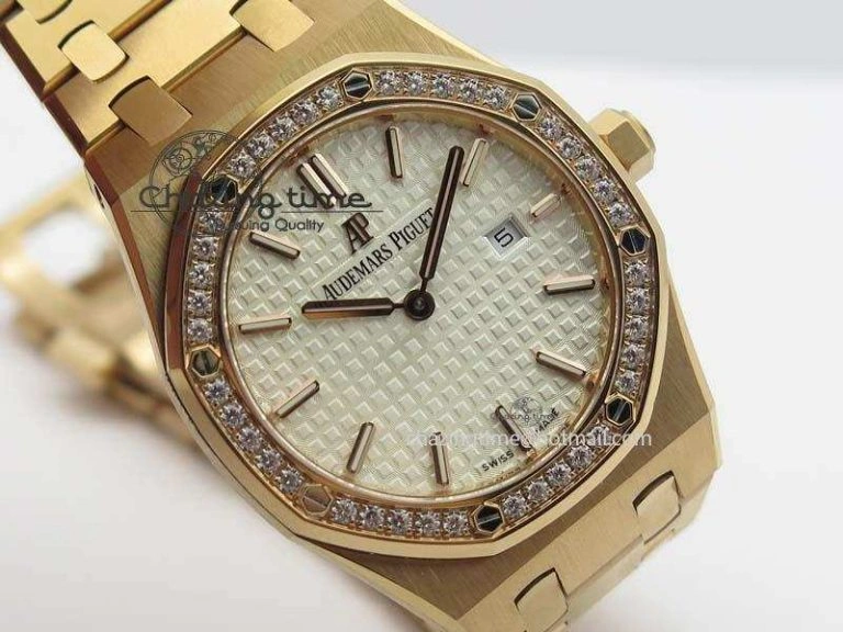 Lady Royal Oak 33mm 15000 RG JF 1:1 Best Edition White Dial Diamond Bezel On RG Bracelet Ronda Quartz Seasonal 5034