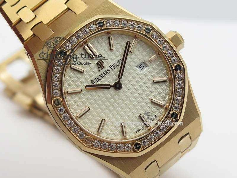 Lady Royal Oak 33mm 15000 RG JF 1:1 Best Edition White Dial Diamond Bezel On RG Bracelet Ronda Quartz Seasonal 5034