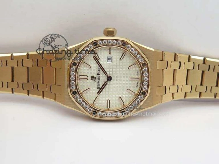 Lady Royal Oak 33mm 15000 RG JF 1:1 Best Edition White Dial Diamond Bezel On RG Bracelet Ronda Quartz Seasonal 5034