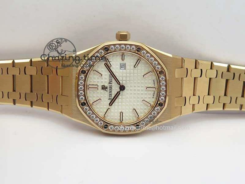 Lady Royal Oak 33mm 15000 RG JF 1:1 Best Edition White Dial Diamond Bezel On RG Bracelet Ronda Quartz Seasonal 5034