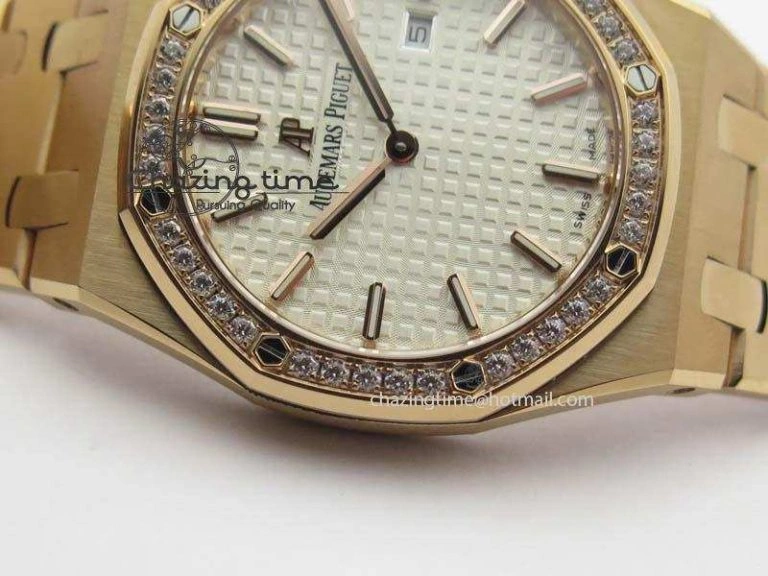 Lady Royal Oak 33mm 15000 RG JF 1:1 Best Edition White Dial Diamond Bezel On RG Bracelet Ronda Quartz Seasonal 5034