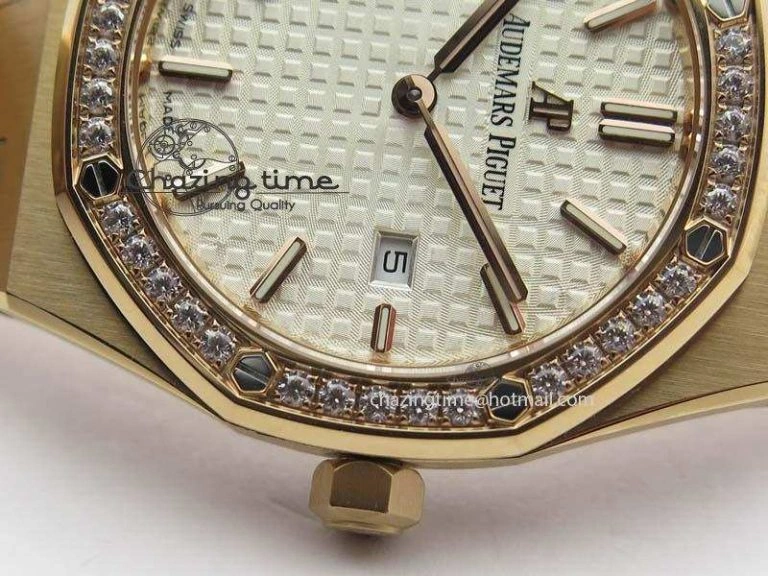 Lady Royal Oak 33mm 15000 RG JF 1:1 Best Edition White Dial Diamond Bezel On RG Bracelet Ronda Quartz Seasonal 5034