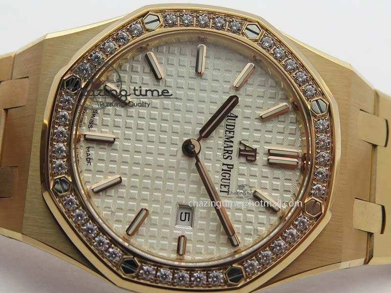 Lady Royal Oak 33mm 15000 RG JF 1:1 Best Edition White Dial Diamond Bezel On RG Bracelet Ronda Quartz Seasonal 5034