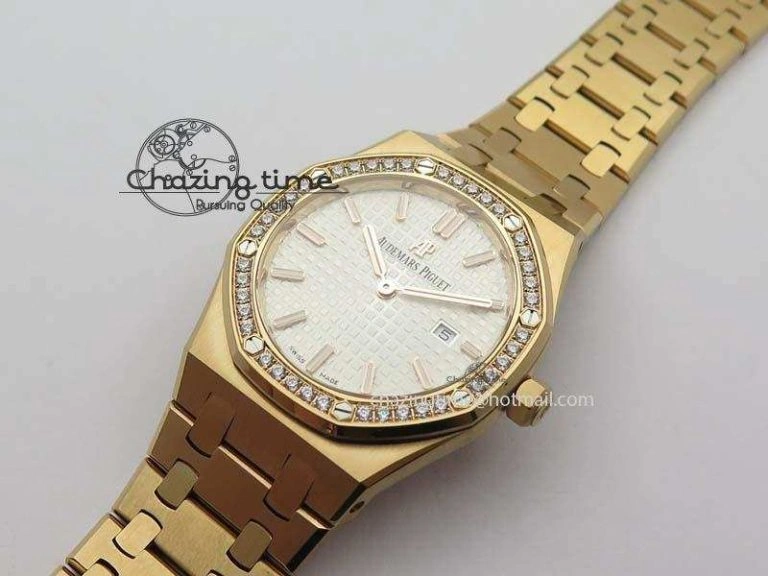 Lady Royal Oak 33mm 15000 RG JF 1:1 Best Edition White Dial Diamond Bezel On RG Bracelet Ronda Quartz Seasonal 5034