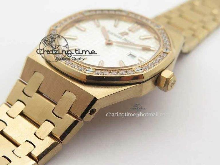 Lady Royal Oak 33mm 15000 RG JF 1:1 Best Edition White Dial Diamond Bezel On RG Bracelet Ronda Quartz Seasonal 5034