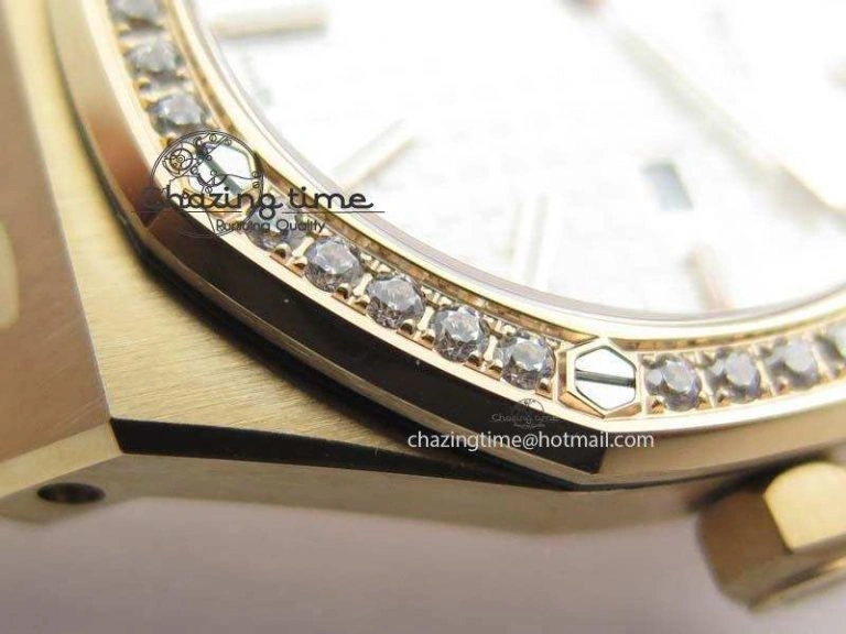 Lady Royal Oak 33mm 15000 RG JF 1:1 Best Edition White Dial Diamond Bezel On RG Bracelet Ronda Quartz Seasonal 5034