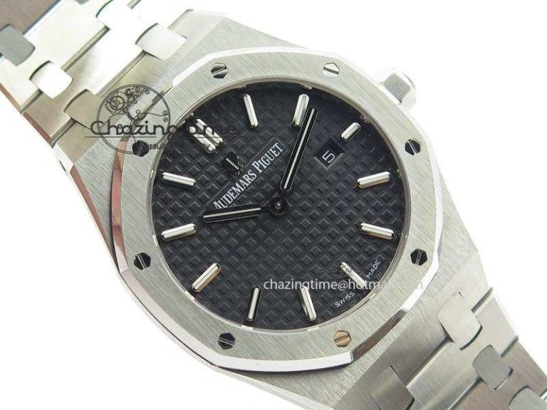 Lady Royal Oak 33mm 15000 SS JF 1:1 Best Edition Black Textured Dial On SS Bracelet Ronda Quartz Efficient 5056