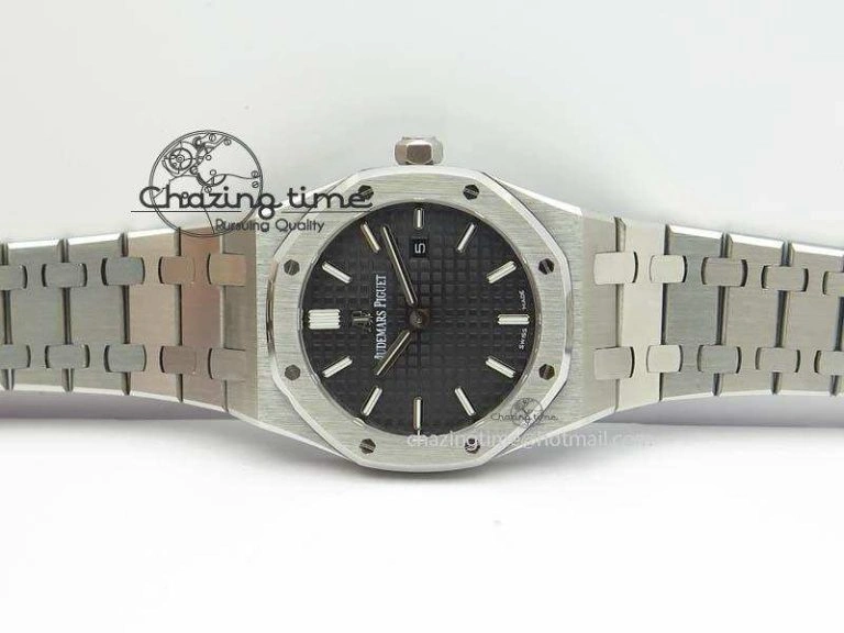 Lady Royal Oak 33mm 15000 SS JF 1:1 Best Edition Black Textured Dial On SS Bracelet Ronda Quartz Efficient 5056
