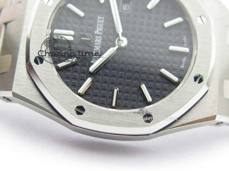 Lady Royal Oak 33mm 15000 SS JF 1:1 Best Edition Black Textured Dial On SS Bracelet Ronda Quartz Efficient 5056