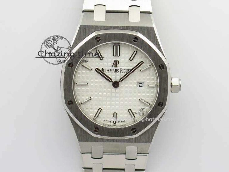 Minimalist Lady Royal Oak 33mm 15000 SS JF 1:1 Best Edition White Textured Dial On SS Bracelet Ronda Quartz 10779