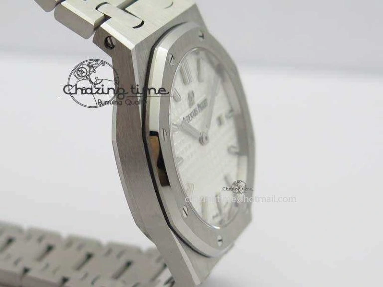Minimalist Lady Royal Oak 33mm 15000 SS JF 1:1 Best Edition White Textured Dial On SS Bracelet Ronda Quartz 10779