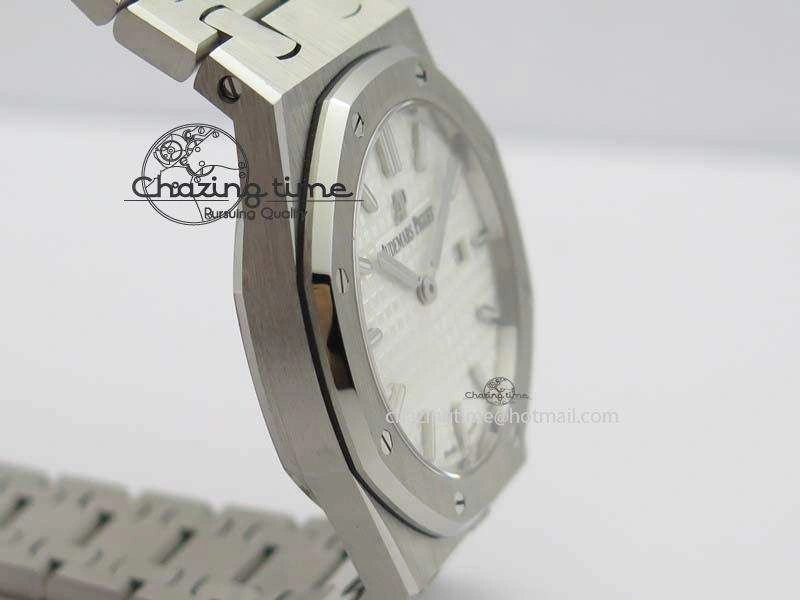 Minimalist Lady Royal Oak 33mm 15000 SS JF 1:1 Best Edition White Textured Dial On SS Bracelet Ronda Quartz 10779