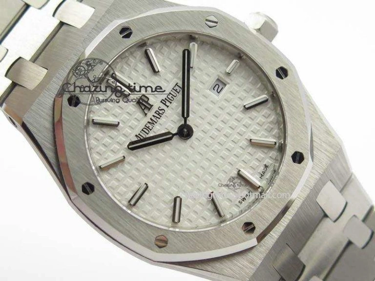 Minimalist Lady Royal Oak 33mm 15000 SS JF 1:1 Best Edition White Textured Dial On SS Bracelet Ronda Quartz 10779