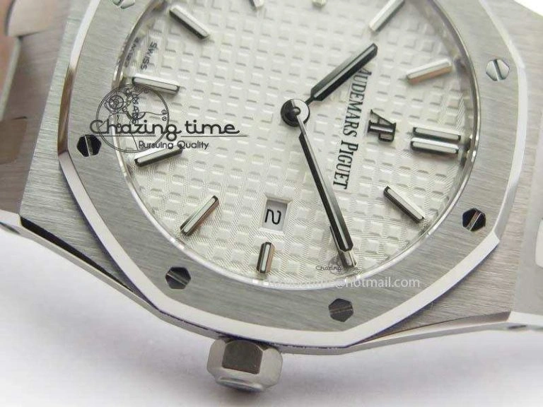 Minimalist Lady Royal Oak 33mm 15000 SS JF 1:1 Best Edition White Textured Dial On SS Bracelet Ronda Quartz 10779