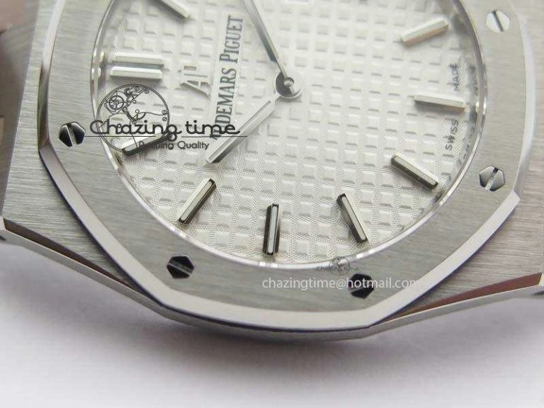 Minimalist Lady Royal Oak 33mm 15000 SS JF 1:1 Best Edition White Textured Dial On SS Bracelet Ronda Quartz 10779