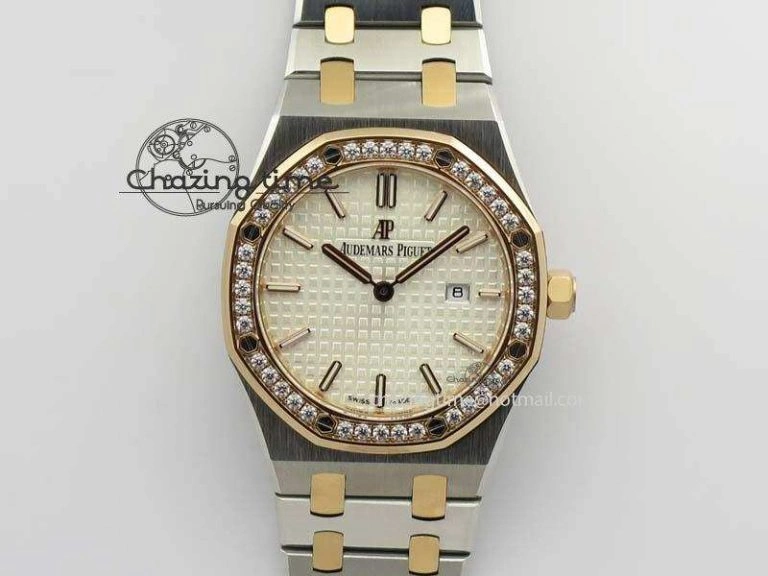 Lady Royal Oak 33mm 15000 SS RG JF 1:1 Best Edition White Dial Dia Bezel On SS RG Bracelet Ronda Quartz Timeless 5033