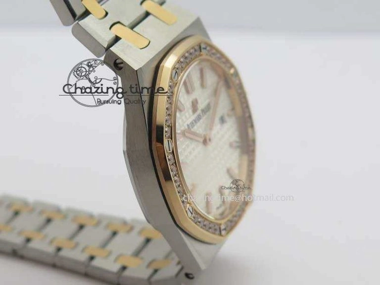 Lady Royal Oak 33mm 15000 SS RG JF 1:1 Best Edition White Dial Dia Bezel On SS RG Bracelet Ronda Quartz Timeless 5033