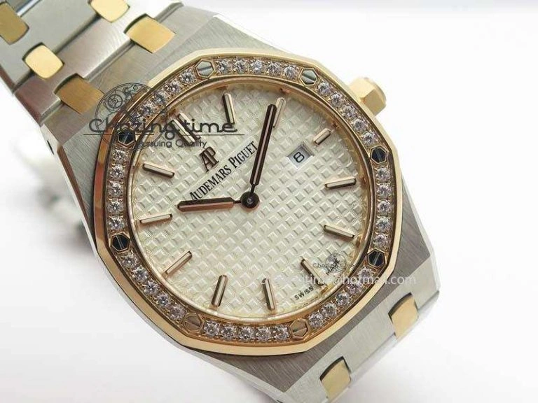 Lady Royal Oak 33mm 15000 SS RG JF 1:1 Best Edition White Dial Dia Bezel On SS RG Bracelet Ronda Quartz Timeless 5033
