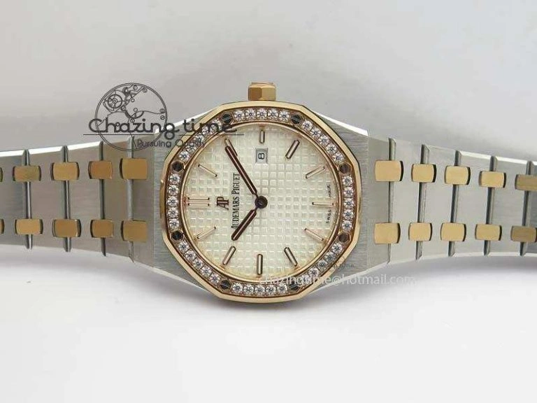 Lady Royal Oak 33mm 15000 SS RG JF 1:1 Best Edition White Dial Dia Bezel On SS RG Bracelet Ronda Quartz Timeless 5033