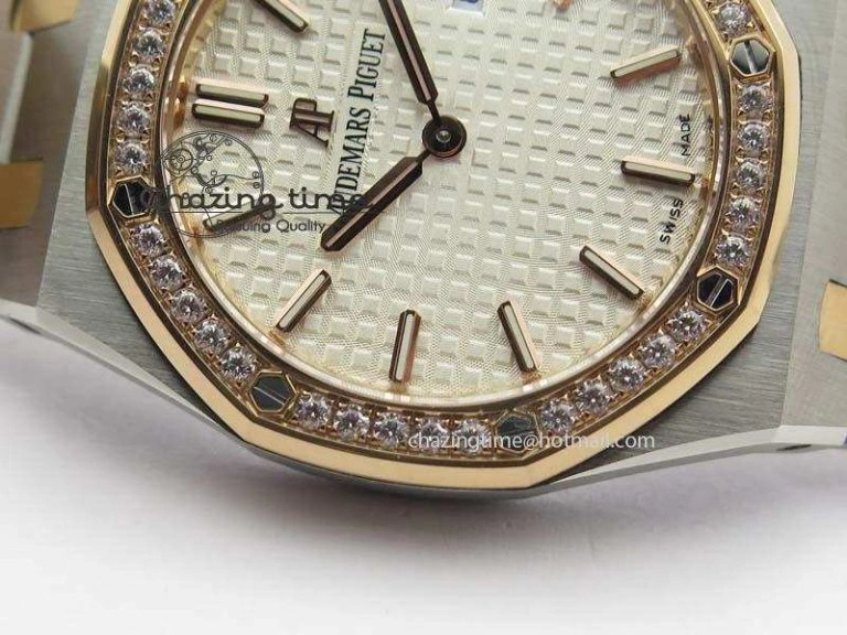 Lady Royal Oak 33mm 15000 SS RG JF 1:1 Best Edition White Dial Dia Bezel On SS RG Bracelet Ronda Quartz Timeless 5033
