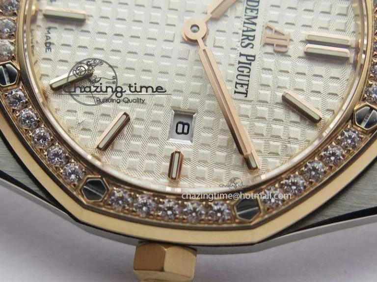 Lady Royal Oak 33mm 15000 SS RG JF 1:1 Best Edition White Dial Dia Bezel On SS RG Bracelet Ronda Quartz Timeless 5033