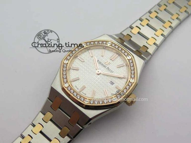 Lady Royal Oak 33mm 15000 SS RG JF 1:1 Best Edition White Dial Dia Bezel On SS RG Bracelet Ronda Quartz Timeless 5033