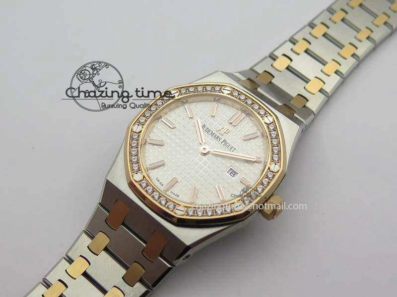 Lady Royal Oak 33mm 15000 SS RG JF 1:1 Best Edition White Dial Dia Bezel On SS RG Bracelet Ronda Quartz Timeless 5033