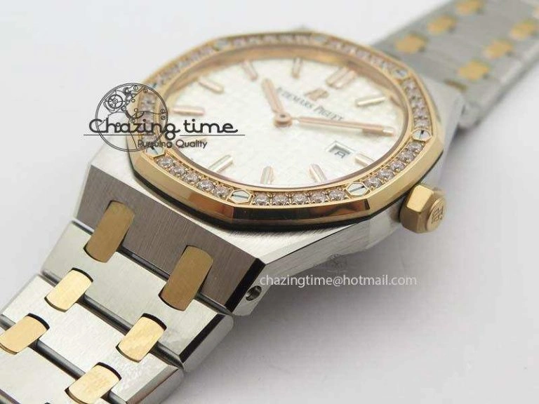 Lady Royal Oak 33mm 15000 SS RG JF 1:1 Best Edition White Dial Dia Bezel On SS RG Bracelet Ronda Quartz Timeless 5033