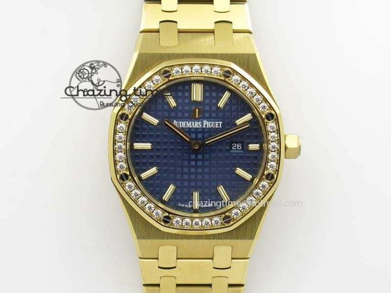 Lady Royal Oak 33mm 15000 YG JF 1:1 Best Edition Blue Textured Dial On YG Bracelet Ronda Quartz Youthful 10762