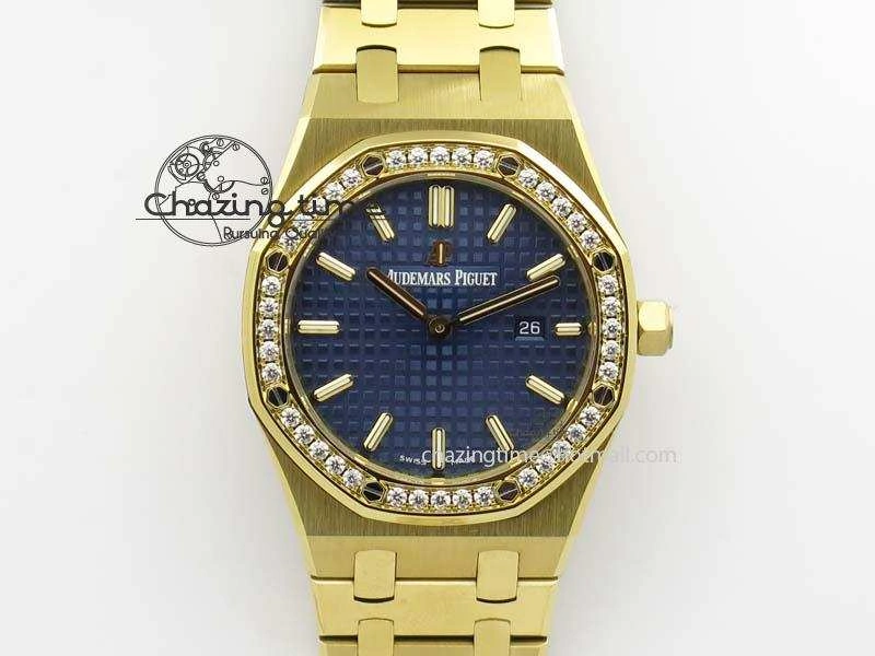 Lady Royal Oak 33mm 15000 YG JF 1:1 Best Edition Blue Textured Dial On YG Bracelet Ronda Quartz Youthful 10762