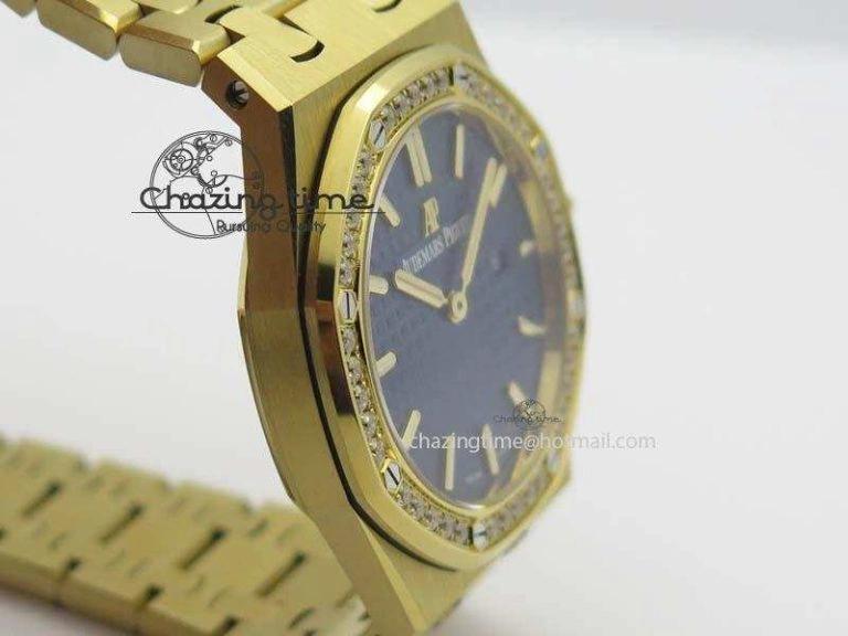 Lady Royal Oak 33mm 15000 YG JF 1:1 Best Edition Blue Textured Dial On YG Bracelet Ronda Quartz Youthful 10762