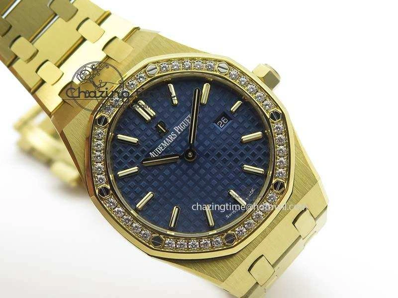 Lady Royal Oak 33mm 15000 YG JF 1:1 Best Edition Blue Textured Dial On YG Bracelet Ronda Quartz Youthful 10762