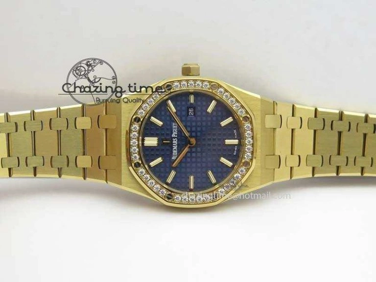 Lady Royal Oak 33mm 15000 YG JF 1:1 Best Edition Blue Textured Dial On YG Bracelet Ronda Quartz Youthful 10762