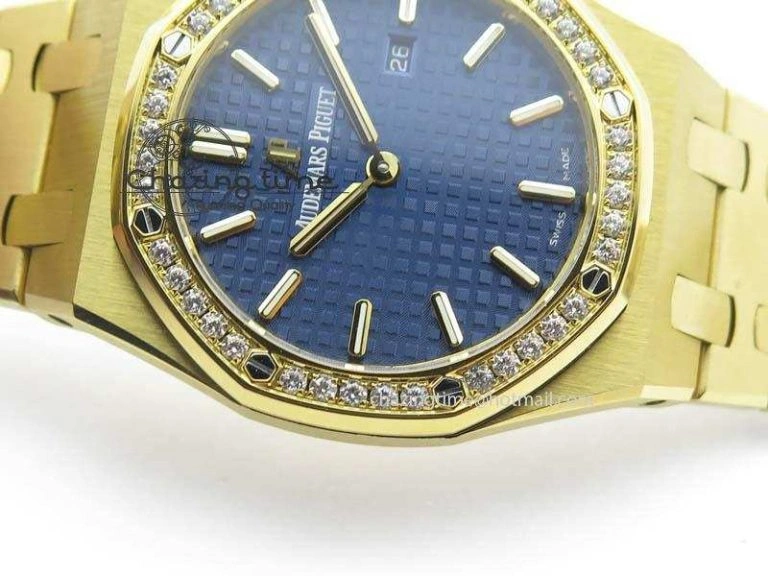 Lady Royal Oak 33mm 15000 YG JF 1:1 Best Edition Blue Textured Dial On YG Bracelet Ronda Quartz Youthful 10762